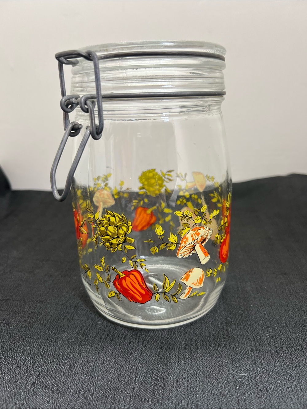 Vintage ARC France Glass jar canister with tomatoes and mushrooms